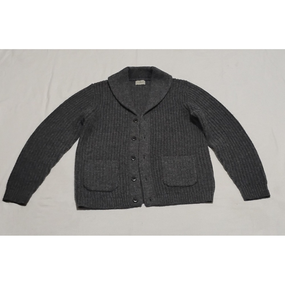 L.L.Bean Men's L Gray Rag Wool Shawl Collar Rib-Knit Button Cardigan Sweater